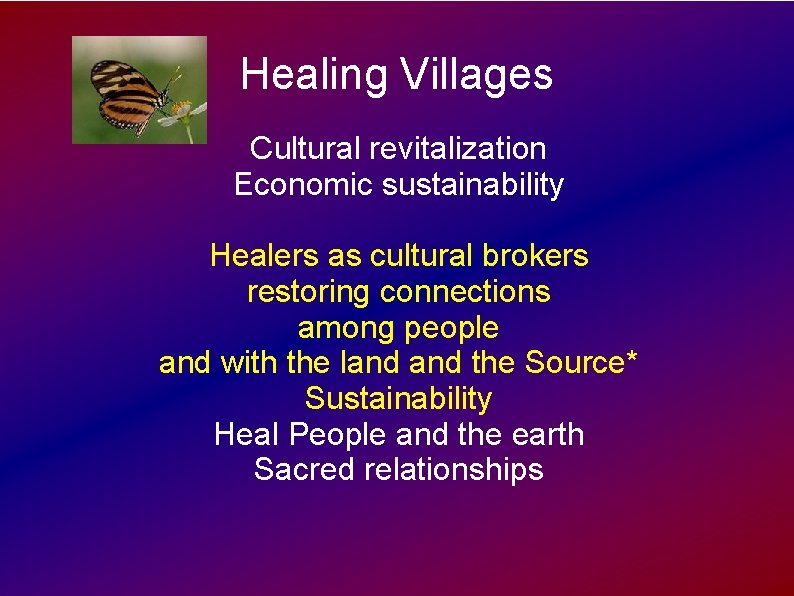 Healing Villages Cultural revitalization Economic sustainability Healers as cultural brokers restoring connections among people