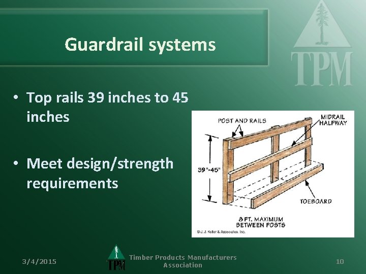 Guardrail systems • Top rails 39 inches to 45 inches • Meet design/strength requirements