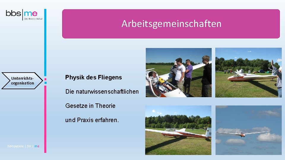 Arbeitsgemeinschaften Unterrichtsorganisation Physik des Fliegens Die naturwissenschaftlichen Gesetze in Theorie und Praxis erfahren. Kompetenz