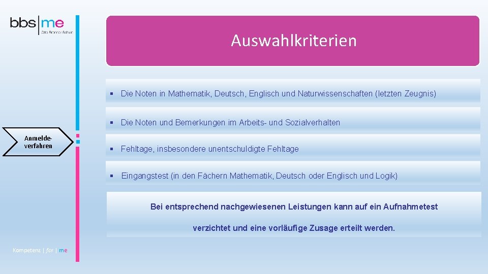 Auswahlkriterien § Die Noten in Mathematik, Deutsch, Englisch und Naturwissenschaften (letzten Zeugnis) § Die