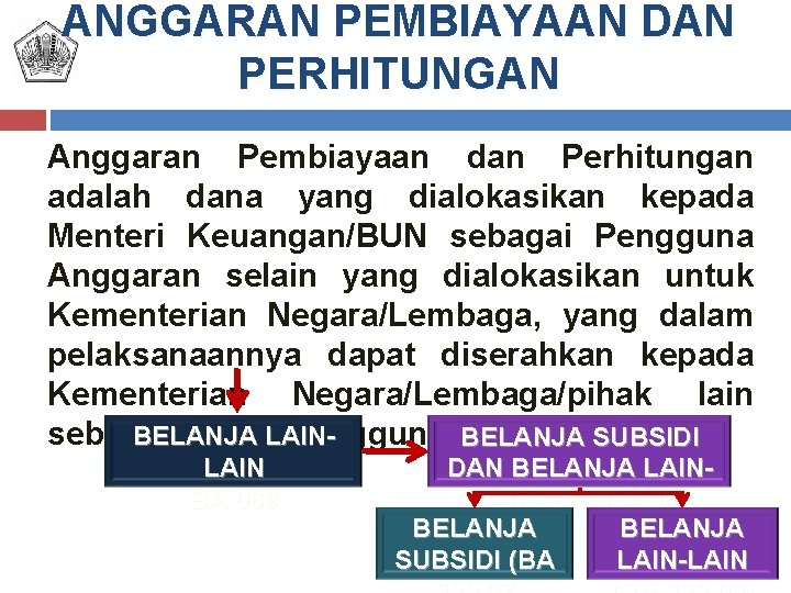 ANGGARAN PEMBIAYAAN DAN PERHITUNGAN Anggaran Pembiayaan dan Perhitungan adalah dana yang dialokasikan kepada Menteri