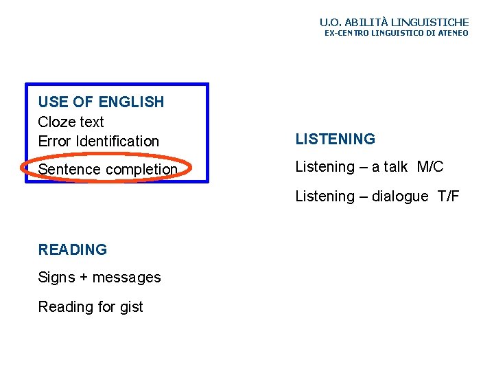 U. O. ABILITÀ LINGUISTICHE EX-CENTRO LINGUISTICO DI ATENEO USE OF ENGLISH Cloze text Error