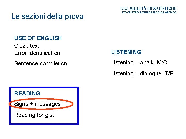 U. O. ABILITÀ LINGUISTICHE Le sezioni della prova EX-CENTRO LINGUISTICO DI ATENEO USE OF