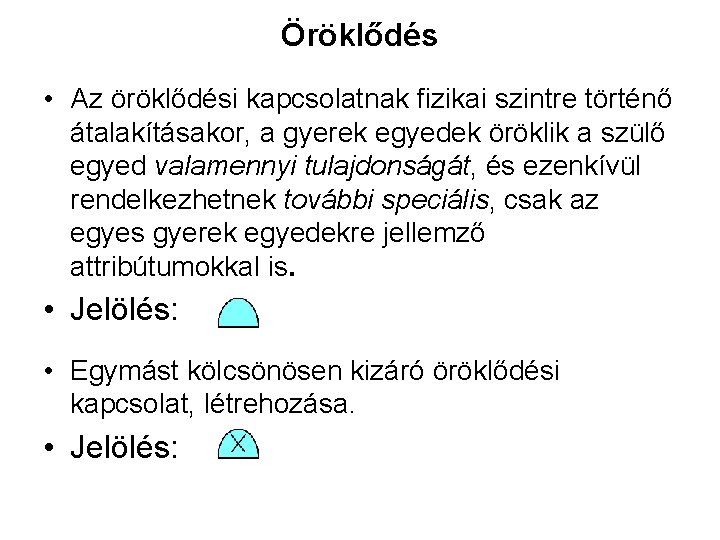 Öröklődés • Az öröklődési kapcsolatnak fizikai szintre történő átalakításakor, a gyerek egyedek öröklik a