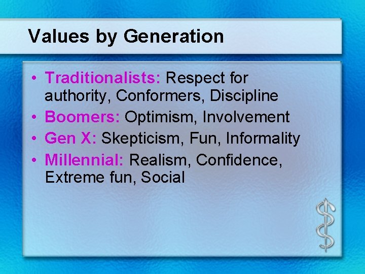 Values by Generation • Traditionalists: Respect for authority, Conformers, Discipline • Boomers: Optimism, Involvement