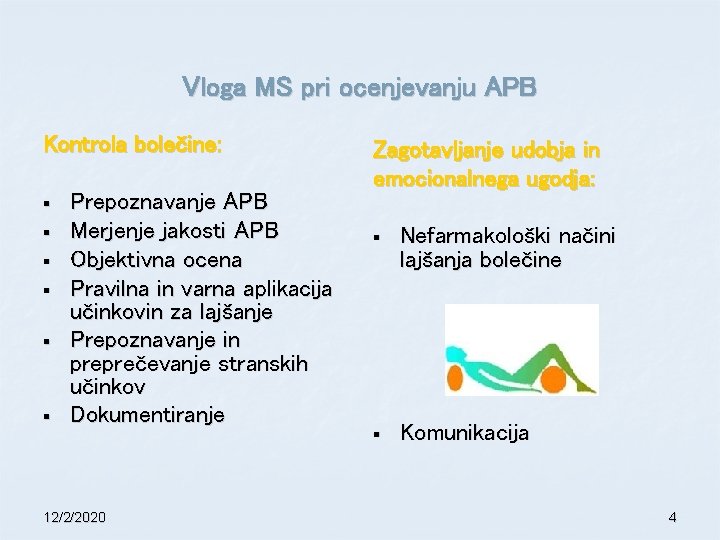 Vloga MS pri ocenjevanju APB Kontrola bolečine: § § § Prepoznavanje APB Merjenje jakosti