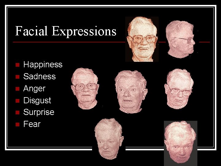 Facial Expressions n n n Happiness Sadness Anger Disgust Surprise Fear 
