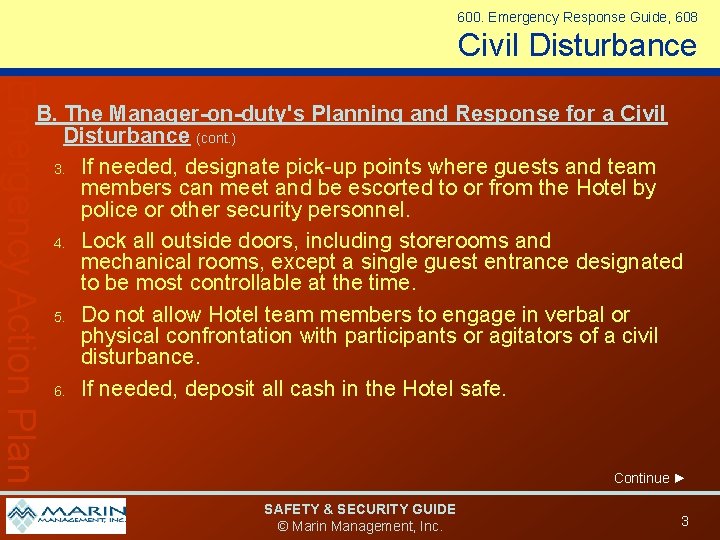 600. Emergency Response Guide, 608 Civil Disturbance Emergency Action Plan B. The Manager-on-duty's Planning