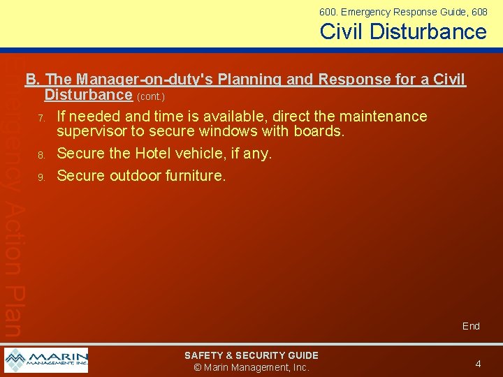 600. Emergency Response Guide, 608 Civil Disturbance Emergency Action Plan B. The Manager-on-duty's Planning