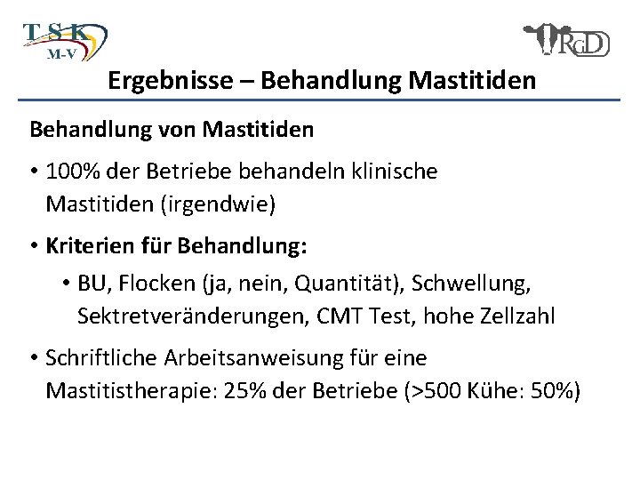 Ergebnisse – Behandlung Mastitiden Behandlung von Mastitiden • 100% der Betriebe behandeln klinische Mastitiden