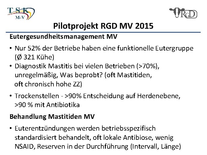 Pilotprojekt RGD MV 2015 Eutergesundheitsmanagement MV • Nur 52% der Betriebe haben eine funktionelle