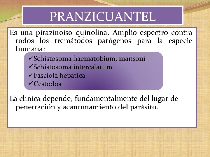 PRANZICUANTEL Es una pirazinoiso quinolina. Amplio espectro contra todos los tremátodos patógenos para la PRANZICUANTEL Es una pirazinoiso quinolina. Amplio espectro contra todos los tremátodos patógenos para la