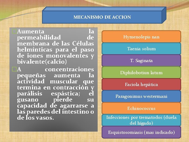 MECANISMO DE ACCION �Aumenta la permeabilidad de membrana de las Células helmínticas para el MECANISMO DE ACCION �Aumenta la permeabilidad de membrana de las Células helmínticas para el
