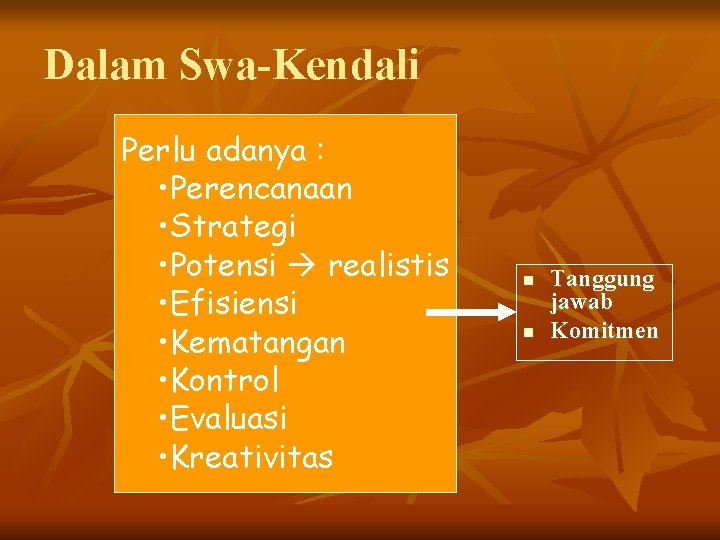 Dalam Swa-Kendali Perlu adanya : • Perencanaan • Strategi • Potensi realistis • Efisiensi