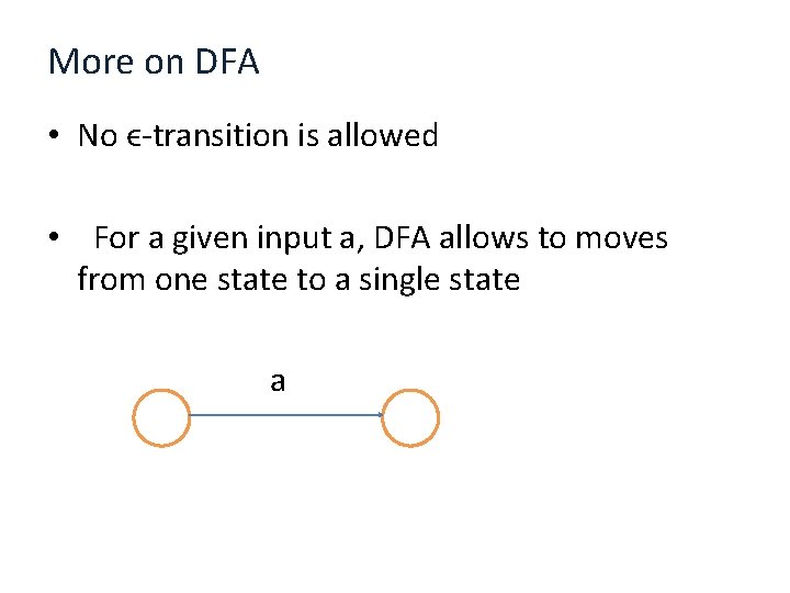 More on DFA • No ϵ-transition is allowed • For a given input a,