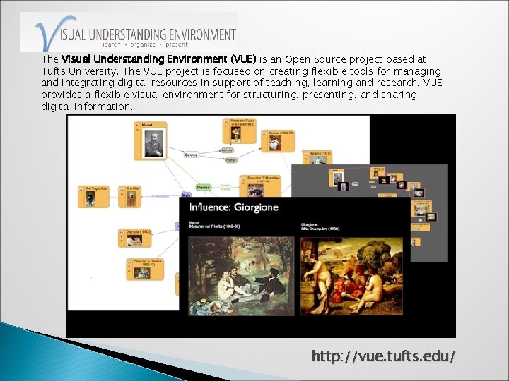 The Visual Understanding Environment (VUE) is an Open Source project based at Tufts University.