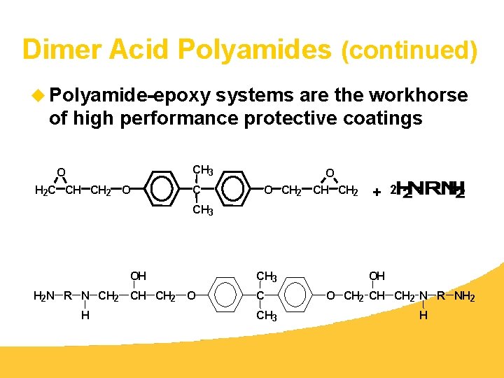 Dimer Acid Polyamides (continued) u Polyamide-epoxy systems are the workhorse of high performance protective
