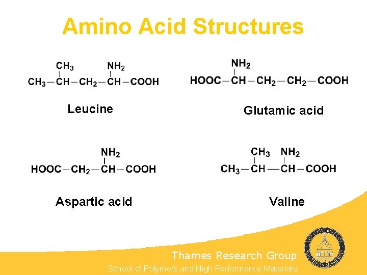 Amino Acid Structures Leucine Aspartic acid Glutamic acid Valine Thames Research Group School of