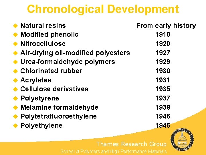 Chronological Development u u u Natural resins From early history Modified phenolic 1910 Nitrocellulose