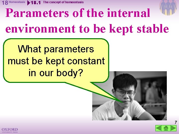 18. 1 The concept of homeostasis Parameters of the internal environment to be kept