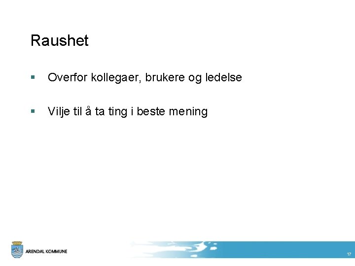 Raushet § Overfor kollegaer, brukere og ledelse § Vilje til å ta ting i