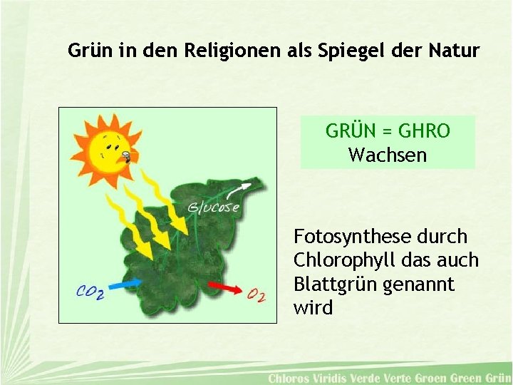 Grün in den Religionen als Spiegel der Natur GRÜN = GHRO Wachsen Fotosynthese durch