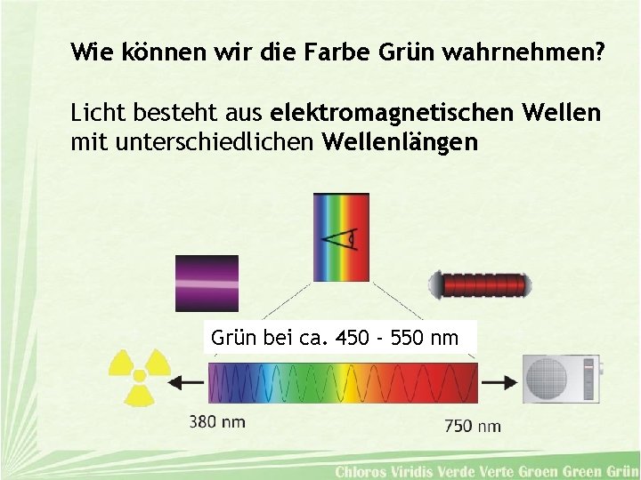 Wie können wir die Farbe Grün wahrnehmen? Licht besteht aus elektromagnetischen Wellen mit unterschiedlichen