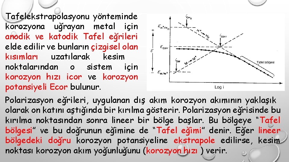 Tafelekstrapolasyonu yönteminde korozyona uğrayan metal için anodik ve katodik Tafel eğrileri elde edilir ve