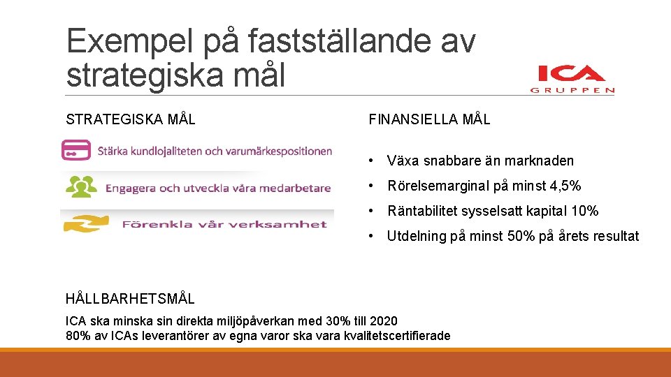 Exempel på fastställande av strategiska mål STRATEGISKA MÅL FINANSIELLA MÅL • Växa snabbare än