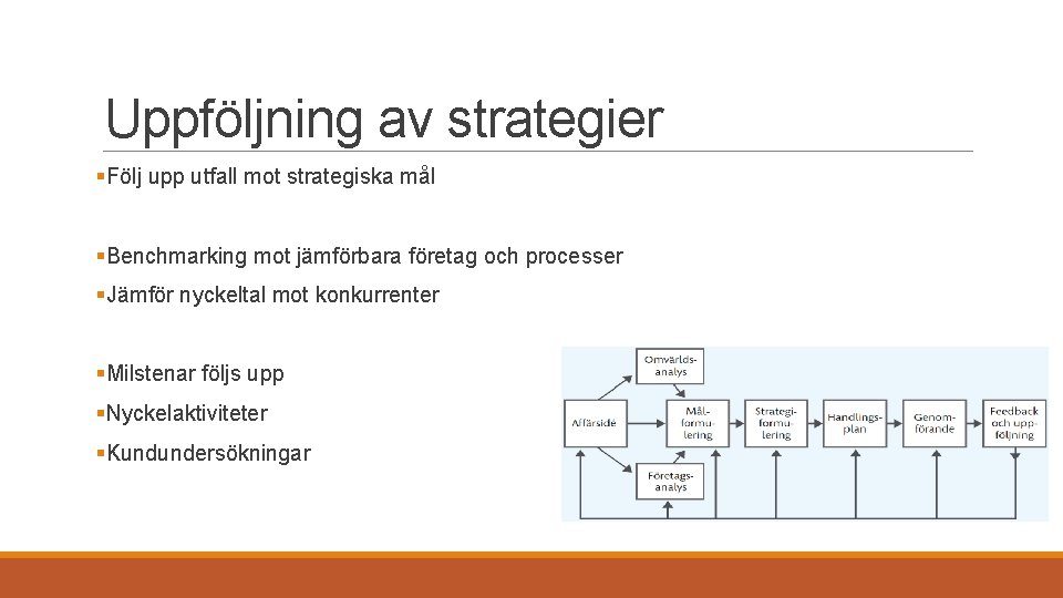 Uppföljning av strategier §Följ upp utfall mot strategiska mål §Benchmarking mot jämförbara företag och