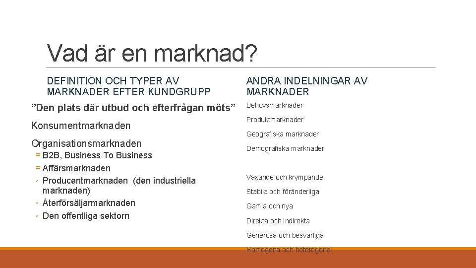 Vad är en marknad? DEFINITION OCH TYPER AV MARKNADER EFTER KUNDGRUPP ”Den plats där