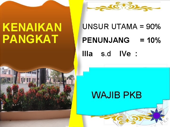 KENAIKAN PANGKAT UNSUR UTAMA = 90% PENUNJANG IIIa s. d = 10% IVe : KENAIKAN PANGKAT UNSUR UTAMA = 90% PENUNJANG IIIa s. d = 10% IVe :