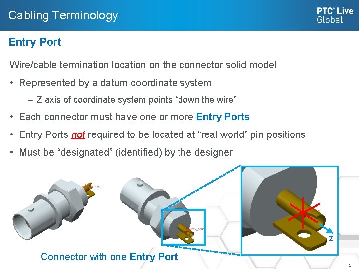 Cabling Terminology Entry Port Wire/cable termination location on the connector solid model • Represented