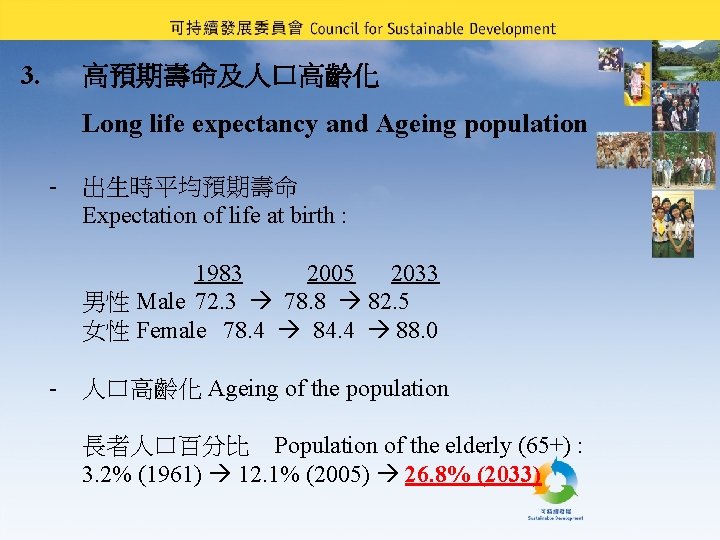 3. 高預期壽命及人口高齡化 Long life expectancy and Ageing population - 出生時平均預期壽命 Expectation of life at