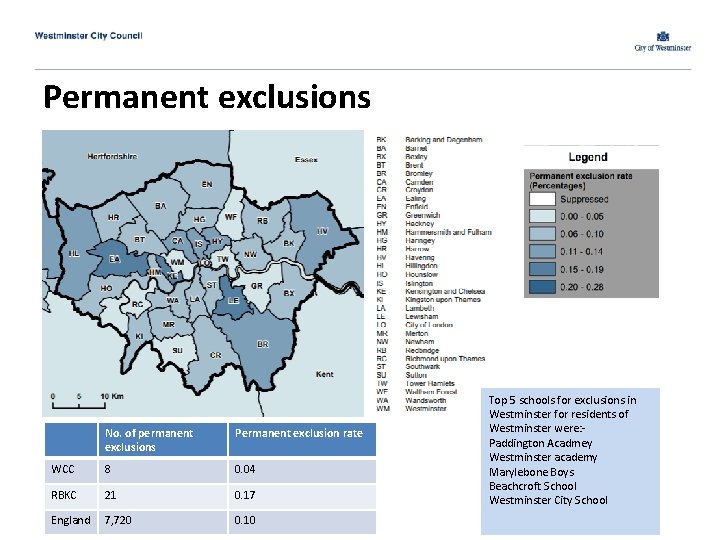 Permanent exclusions No. of permanent exclusions Permanent exclusion rate WCC 8 0. 04 RBKC