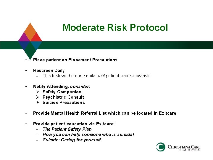 Moderate Risk Protocol • Place patient on Elopement Precautions • Rescreen Daily – This