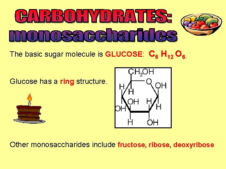 The basic sugar molecule is GLUCOSE: GLUCOSE C 6 H 12 O 6. Glucose