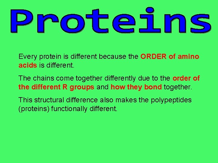 Every protein is different because the ORDER of amino acids is different. The chains