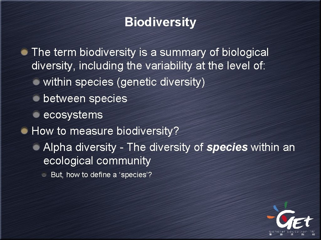 Biodiversity The term biodiversity is a summary of biological diversity, including the variability at