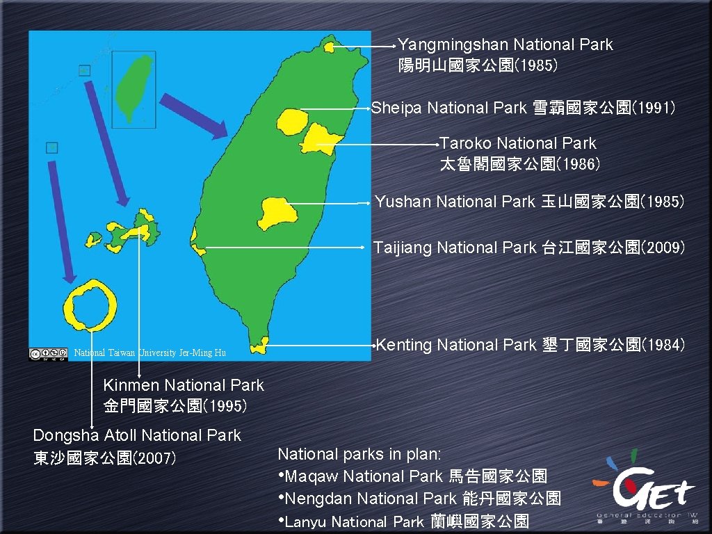 Yangmingshan National Park 陽明山國家公園(1985) Sheipa National Park 雪霸國家公園(1991) Taroko National Park 太魯閣國家公園(1986) Yushan National