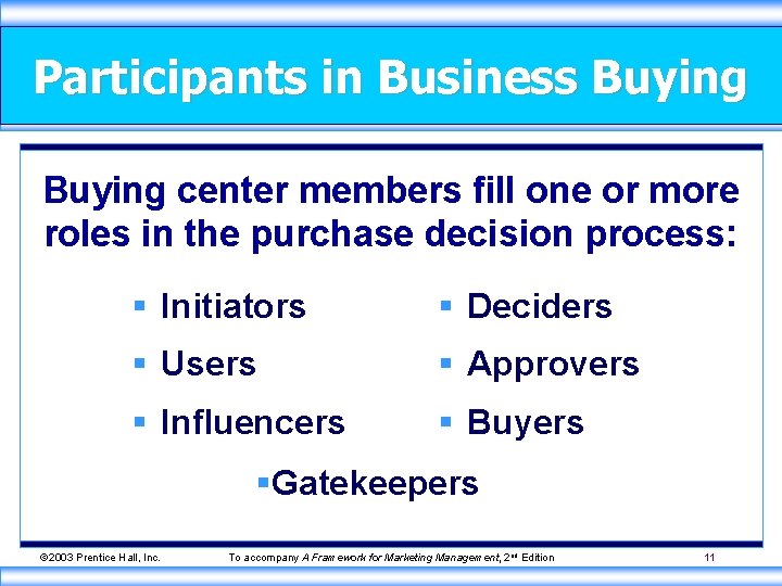 Participants in Business Buying center members fill one or more roles in the purchase Participants in Business Buying center members fill one or more roles in the purchase