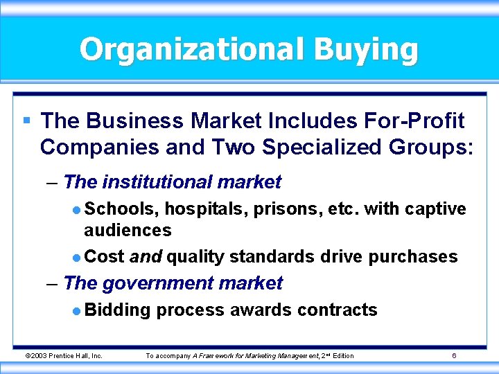 Organizational Buying § The Business Market Includes For-Profit Companies and Two Specialized Groups: –