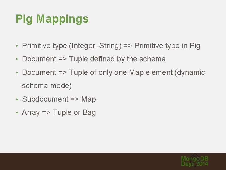 Pig Mappings • Primitive type (Integer, String) => Primitive type in Pig • Document