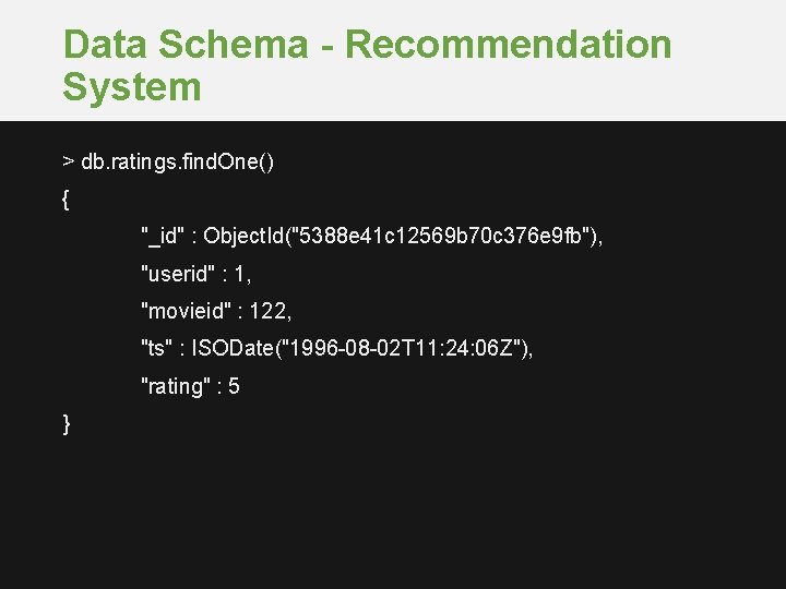 Data Schema - Recommendation System > db. ratings. find. One() { "_id" : Object.