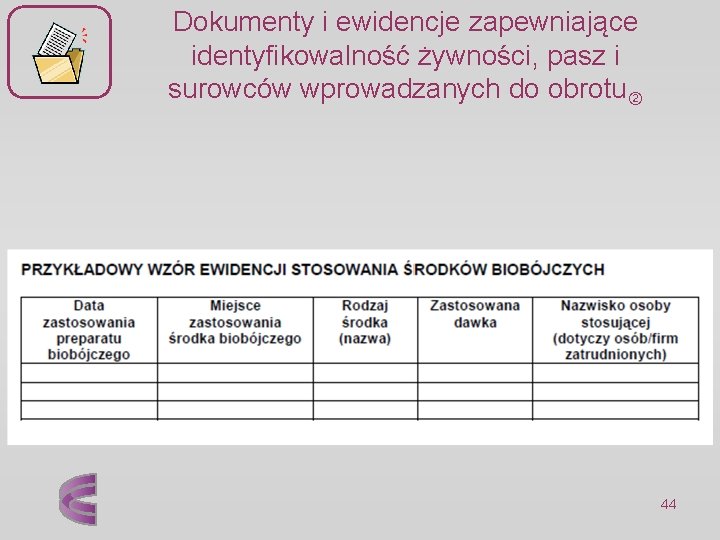 Dokumenty i ewidencje zapewniające identyfikowalność żywności, pasz i surowców wprowadzanych do obrotu 44 