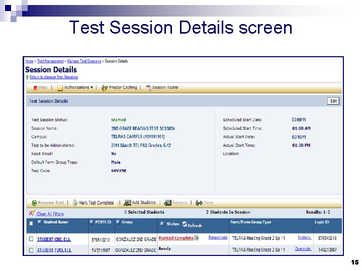 Test Session Details screen 15 