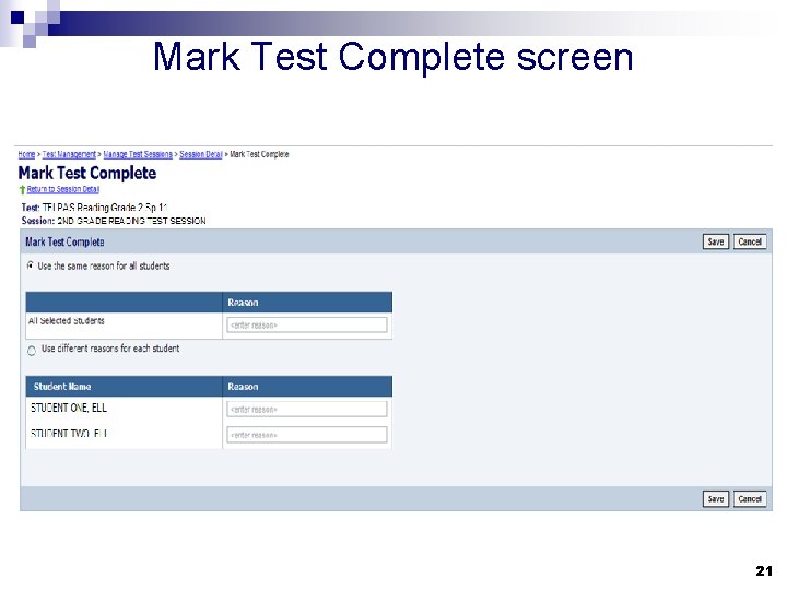 Mark Test Complete screen 21 