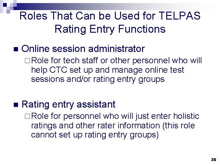 Roles That Can be Used for TELPAS Rating Entry Functions n Online session administrator