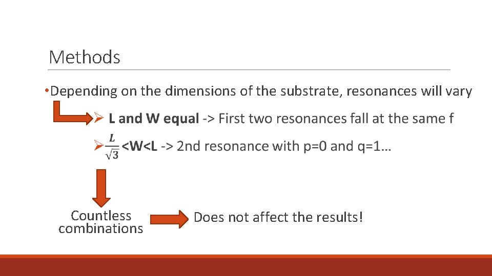 Methods • Depending on the dimensions of the substrate, resonances will vary Countless combinations