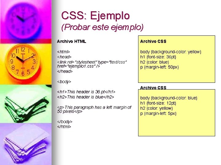 CSS: Ejemplo (Probar este ejemplo) Archivo HTML Archivo CSS <html> <head> <link rel="stylesheet" type="text/css"